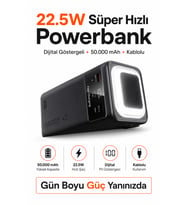 50000 mAh 22.5W Süper Hızlı Şarj Dijital Ekranlı Kablolu LED Işıklı Powerbank