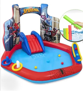 Bestway 98793 Spiderman Fıskiyeli Kaydıraklı Şişme Eğlence Havuzu + Su Pompalı (Mavi)