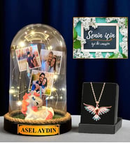 Premium Hediye Seti - Sizlere Özel Led Işıklı Fanus ve Renkli Zümrüdü Anka Kuşu Kolyesi (Model 5)