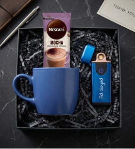 Kişiye Özel Mavi USB Şarjlı Elektronik Alevsiz Çakmak & Mavi Kupa & Mocha Hediye Seti