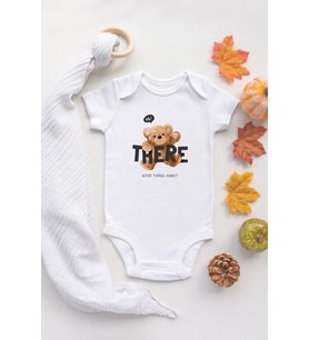 Organik %100 Pamuk Kısa Kollu Beyaz Hi There Teddy Bear Bebek Body Bebek Badi Çıtçıtlı Zıbın
