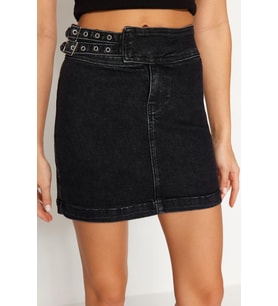Moda Denim Düz Desen Günlük Mini Boy Aksesuar Detaylı Mini Normal Bel Denim Etek