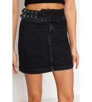 Moda Denim Düz Desen Günlük Mini Boy Aksesuar Detaylı Mini Normal Bel Denim Etek