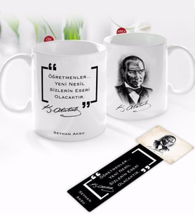 BK Gift Kişiye Özel İsimli Atatürk Temalı Kupa Bardak ve Ahşap Kitap Ayracı-14