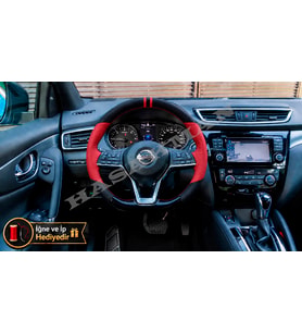 Nissan X-Trail T32 Dikme Direksiyon Kılıfı Parlak Siyah Kırmızı Detaylı Kırmızı Çift Yüzük ve Dikiş 2017-2022