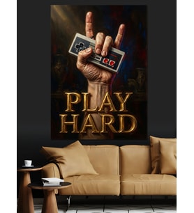 Play Hard Yazılı Gamer Eli Dekoratif Kanvas - Mdf Ahşap Tablo