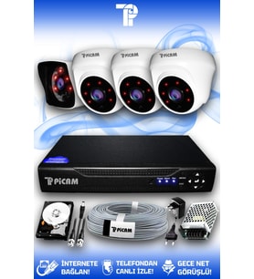 PICAM 4 Kameralı Kare 3 İç Kamera Set 500 GB HDD Full HD Gece Görüşlü Güvenlik Kamerası Sistemi