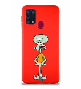 Samsung Galaxy M31 Soft Premier Kapak Squidward Dokunaç Tasarımlı Silikon Kılıf - Kırmızı (Şeffaf)
