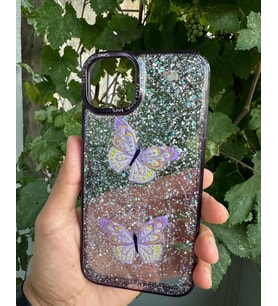 Apple iPhone 14 Pro Uyumlu Taşlı Simli Kelebekli Kılıf (Mor)