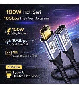 Örgü Kablo 1Mt Type-c Uzatma Kablosu 10Gbps Veri Ve Görüntü Aktarım 5A PD Hızlı Şarj Kablo