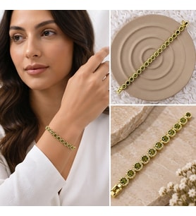 Premium Parlak ve Şık Yeşil Taşlı Gold Renk 316L Çelik Kadın Bileklik (20cm)