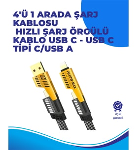 65W 4'ü 1 Arada Çoklu Şarj Kablosu - USB-C, USB-A, Lightning, Veri ve Şarj Desteği