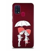 Samsung Galaxy M31 Soft Premier Kapak Aşk Tasarımlı Silikon Kılıf - Mürdüm (Şeffaf)