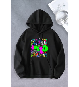 Unisex Kadın Erkek Still Desenli Baskılı Oversize Sweatshirt 2 İPLİK (Siyah)