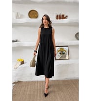 Neşeli butik kadın siyah cep detaylı kolsuz oversize yazlık elbise NBNP038