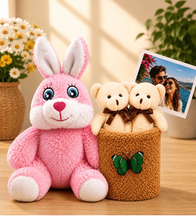 Kişiye Özel Fotoğraflı 2'li Peluş Ayıcık Buketi ve Pembe Peluş Tavşan Hediye Seti