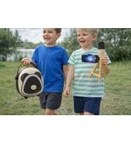 Çocuk Karaoke Mikrofon Seti Bluetooth Hoparlör Ahşap Tripod Telefon Standlı Retro Koyu Kahve Karaoke