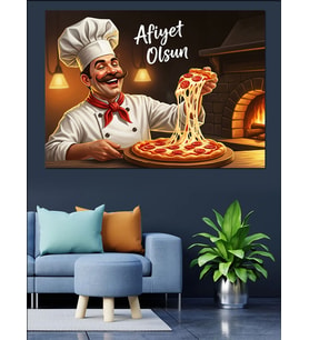 Şef Mutlu Pizza Tutuyor Dekoratif Kanvas - Mdf Ahşap Tablo