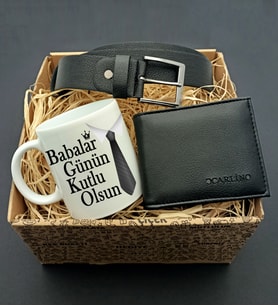 Babalar Gününe Özel Kravat Tasarımlı Özel Kupa & Cüzdan & Kemer Hediye Seti