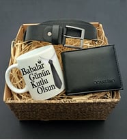 Babalar Gününe Özel Kravat Tasarımlı Özel Kupa & Cüzdan & Kemer Hediye Seti