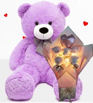 Büyük 90 cm Peluş Ayı ve LED Işıklı Pembe Balonlu Romantik Peluş Ayıcık Buketi – Sevgililer Günü Özel Gün Hediyesi (Lila)