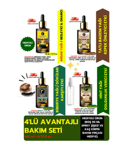 4'LÜ BAKIM SETİ ''SAÇ, CİLT VE KAŞ/KİRPİK GENEL BAKIM'' %100 SAF (ARGAN,TATLI BADEM,BİBERİYE,HİNT)