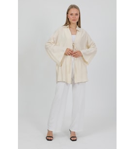 Doğal Viskon Kumaş Cepli Bağcıklı Kadın Kimono 1167 – Hafif, Dökümlü, Akışkan, Yazlık Model (Krem)