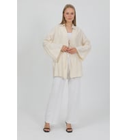 Doğal Viskon Kumaş Cepli Bağcıklı Kadın Kimono 1167 – Hafif, Dökümlü, Akışkan, Yazlık Model (Krem)