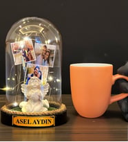 Kişiye Özel Tasarım Led Işıklı Fanus ve Turuncu Kupa Bardak Hediye Seti (Model 2)