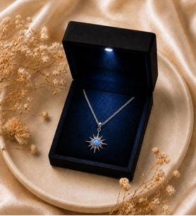 Premium Işıklı Kutuda 925 Ayar Gümüş Mavi Opal Taşlı Kutup Yıldızı Kadın Kolye
