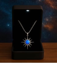 Premium Işıklı Kutuda 925 Ayar Gümüş Mavi Opal Taşlı Kutup Yıldızı Kadın Kolye