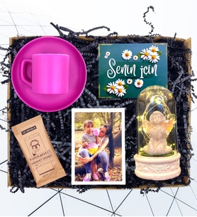 Kişiye Özel Set & Pembe Renkli Kahve Fincanı & Işıklı Beyaz Melekli Fanus