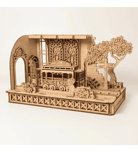 Japanese Tram Station Diorama Ahşap Maket Seti – Japon Tramvay İstasyonu Peri LED'li DIY Model