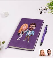 BK Gift Kişiye Özel Sevgililer Karikatürlü Mor Termo Deri Defter Kalem Seti Model 93
