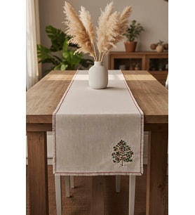 Çam Ağacı Nakışlı Hasır Görünümlü Kenarları Püsküllü Runner 40x115 cm