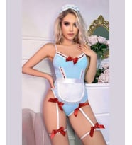 Kadın Mavi Kırmızı Önlüklü Bodysuit Hizmetçi Tasarım Jartiyer Takım-3600