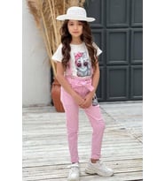 Kız Çocuk Üzeri Digital Baskılı T-shirt Yırtmaç ve Kedi Detaylı Pembe Jean Salop
