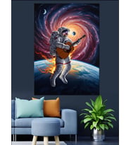 Uzayda Gitar Çalan Yalnız Astronot Dekoratif Kanvas - Mdf Ahşap Tablo