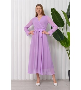 Neşeli butik kadın kuşaklı uzun şifon elbise NB003 - Lila