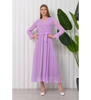 Neşeli butik kadın kuşaklı uzun şifon elbise NB003 - Lila
