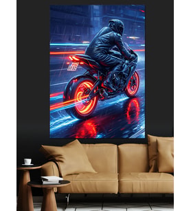 Neon Işıklı Motosiklet Sürücüsü Dekoratif Kanvas - Mdf Ahşap Tablo