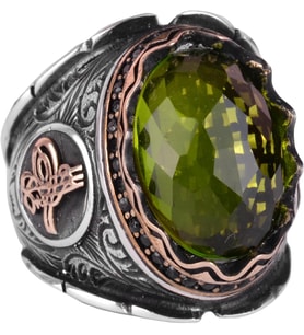 Gümüş Osmanlı Tuğra Yüzük, Doğal Olmayan Peridot Taşlı Yüzük, 925 Ayar Gümüş Erkek Yüzük