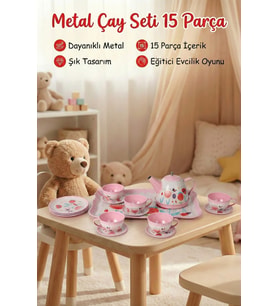 Metal Oyuncak Çay Seti 15 Parça - Eğitici Evcilik Mutfak Oyunu - Kırılmaz Çay Takımı