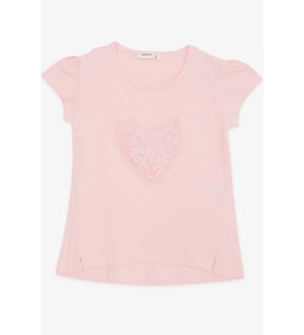 Breeze Kız Çocuk Tişört Kalp Çiçek Nakışlı 4-8 Yaş, Pembe