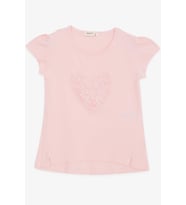 Breeze Kız Çocuk Tişört Kalp Çiçek Nakışlı 4-8 Yaş, Pembe