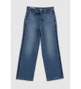 Kadın Yüksek Bel Kemerli Wide Leg Mavi Jean Pantolon
