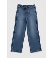 Kadın Yüksek Bel Kemerli Wide Leg Mavi Jean Pantolon