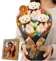 Doğum Günü Hediyesi Kişiye Özel Fotoğraflı Renkli Led Işıklı Peluş Ayıcık Buketi (Krem)