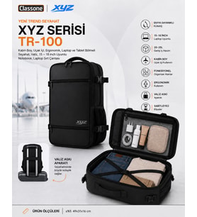 Classone XYZ TR-100 Kabin Boy Uçak İçi Ergonomik Laptop ve Tablet Bölmeli Seyahat Valiz Çanta