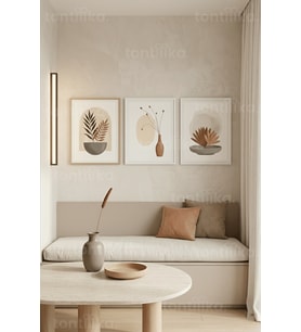 Modern Minimalist Doğal Botanik 3’lü Ahşap Çerçeveli Tablo Seti